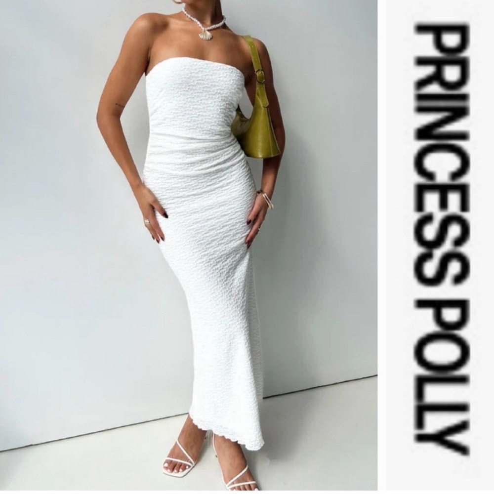 Princess Polly White Strapless Ruched Maxi Dress, Size 4
